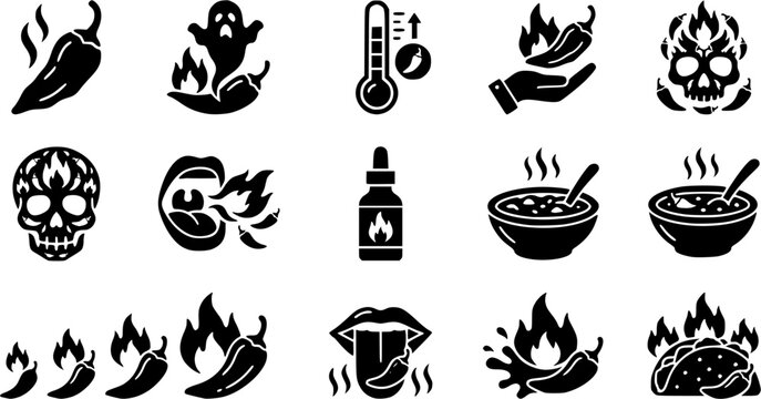 Ghost Pepper & Scoville Icon Silhouette Icon Set. Collection of food & culinary silhouettes, including ghost pepper & scoville icon, detailed spicy food and hot sauce shapes, and more.
