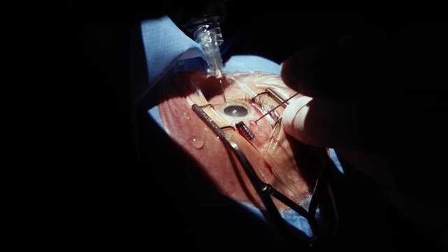 Detailed view of eye surgery with microsurgical instruments and an eyelid speculum.
