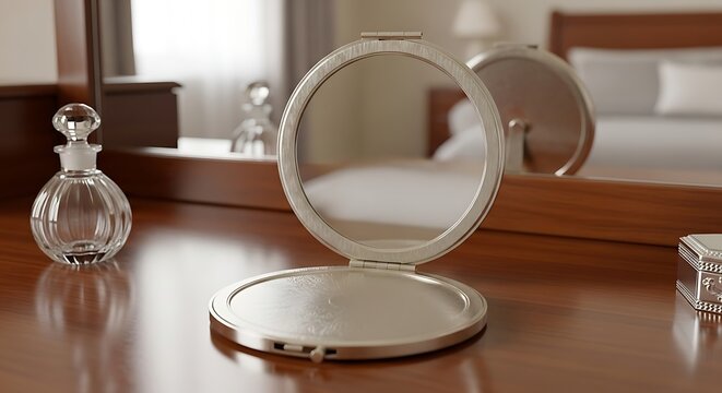 Elegant silver pocket mirror opened on a wooden vanity table in bedroom