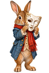 Obraz premium Elegant rabbit wearing vintage costume and holding intricate masquerade mask on transparent background