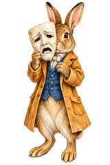 Obraz premium Dressed rabbit holding sad theatrical comedy mask watercolor painting isolated on transparent background