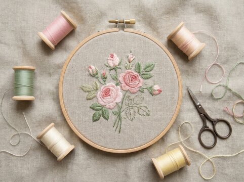 Floral embroidery hoop with sewing supplies for creative needlework projects embroidery needlework