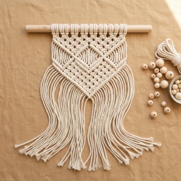 Macrame wall hanging with wooden beads for bohemian home decor projects fiber art bohemian