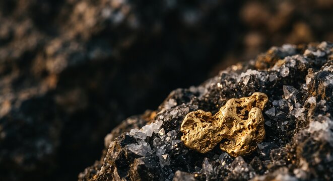 Macro close up of a raw gold nugget resting on dark quartz stone