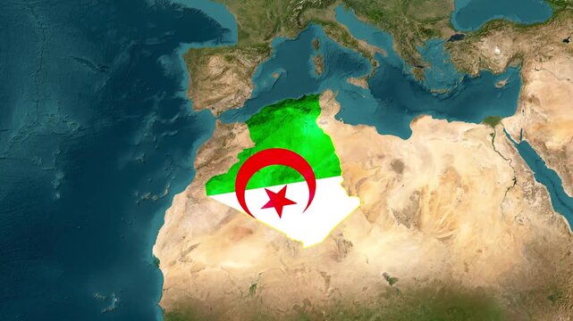 Animated Algeria Border and Flag Reveal on North Africa Satellite Map