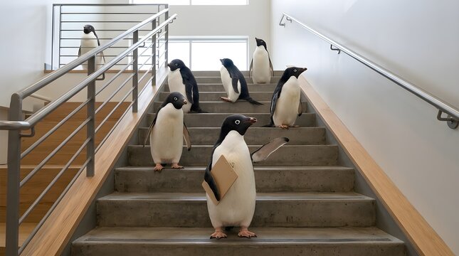 Business Penguins Climbing Office Stairs with Documents