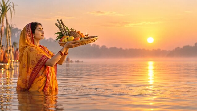 Hindu woman standing in river water holding bamboo soop with fruits during Chhath Puja arghya