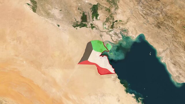 Animated Kuwait Border and Flag Reveal on Middle East Satellite Map