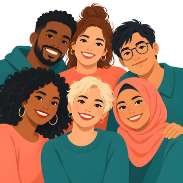 Group of diverse young friends smiling together representing unity and multicultural friendship in a modern flat illustration style