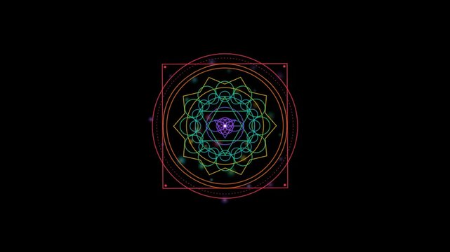 Six glowing colorful magic circles rotating on black background