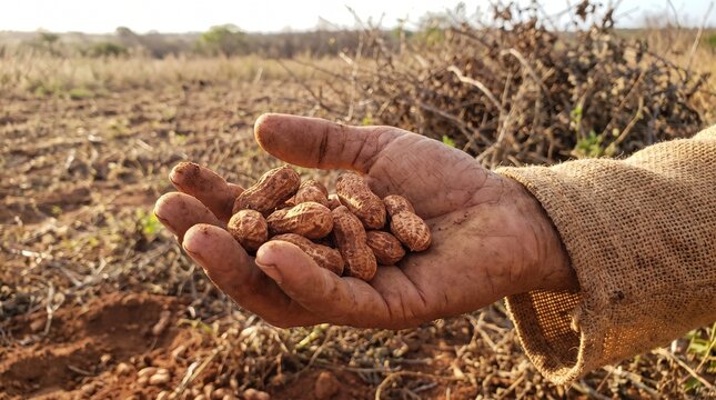 Dirty farmer hand holding handful of fresh peanuts harvested in dry sertao field northeastern Brazil