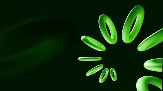 3D green torus ring elements spinning on a dark background. Abstract futuristic circular motion graphics loop. 