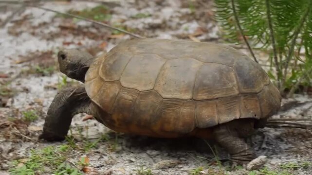 A gopher tortoise walking slowly across a sandy, grassy field in its natural habitat during the day