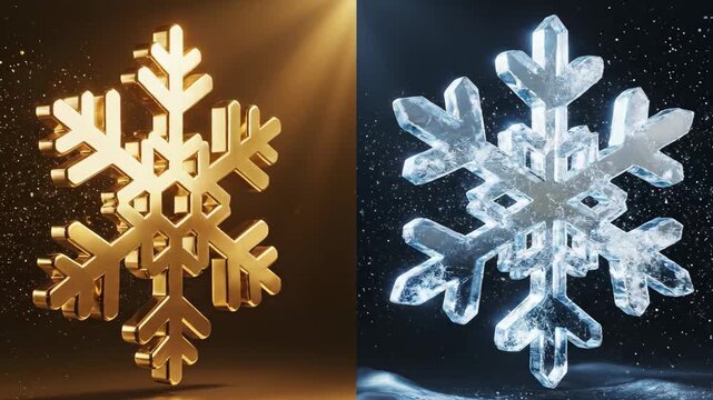 Split-screen comparison of golden snowflake and rotating ice crystal snowflake showing warm versus cold contrast