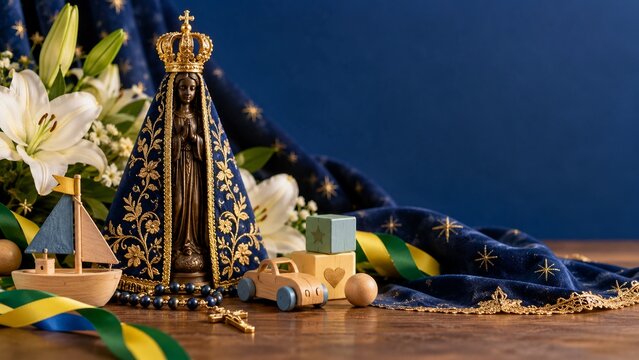 Our lady of aparecida statue with wooden boat toy blocks and brazil ribbon on wooden table
