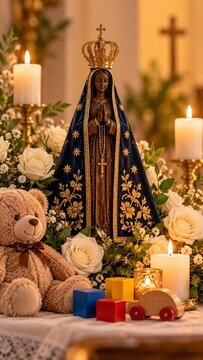 Statue of Our Lady of Aparecida with teddy bear toy car white roses and burning candles
