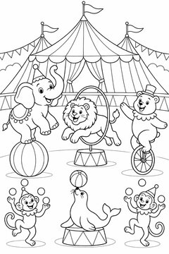 Coloring page with circus animals elephant lion bear monkeys and seal under a big top tent
