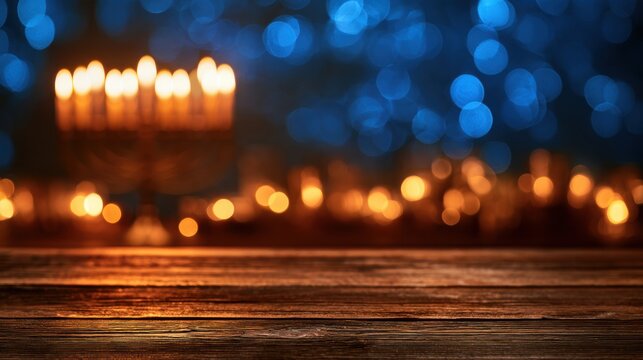 The wooden table surface is empty in the foreground, with a blurred Hanukkah menorah glowing softly against a background of blue and gold lights.