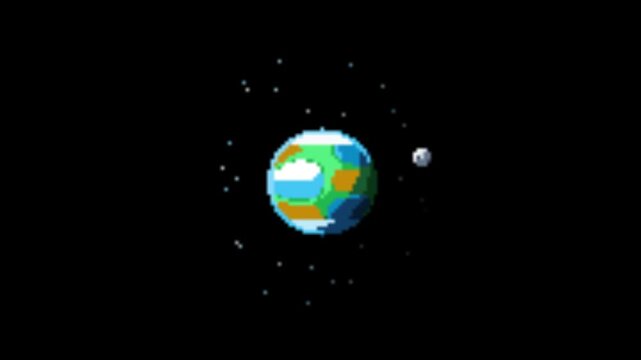 Pixel art earth planet animation with moon orbiting in deep space