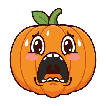 Scared Pumpkin Face: A cartoon pumpkin with wide eyes, open mouth, and sweat droplets expresses fright and terror, its orange skin glowing eerily.