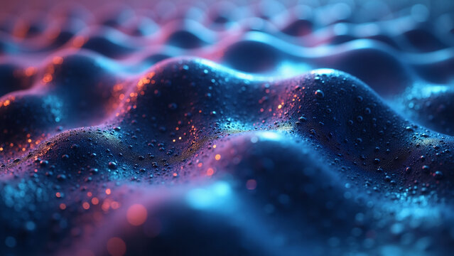Abstract waves with liquid moisture droplets and soft pink blue lighting for clean atmospheric screen saver backdrop.