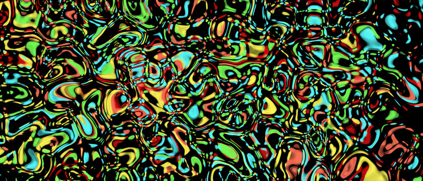 Intricate psychedelic texture composed of densely packed irregular multicolored shapes in green, turquoise, orange, yellow, and black, creating a fluid organic pattern.