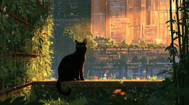 A black cat sits on a rooftop garden with living plant walls behind it, watching the sunset in a city filled with greenery.