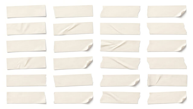 Beige washi tape strips collection. Adhesive masking tape pieces with torn, curled edges, wrinkled paper texture, realistic vector mockup isolated on white background
