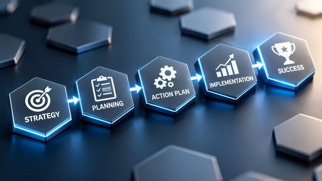 Business process workflow blocks showing strategy planning action plan implementation and success with trophy icon on dark background