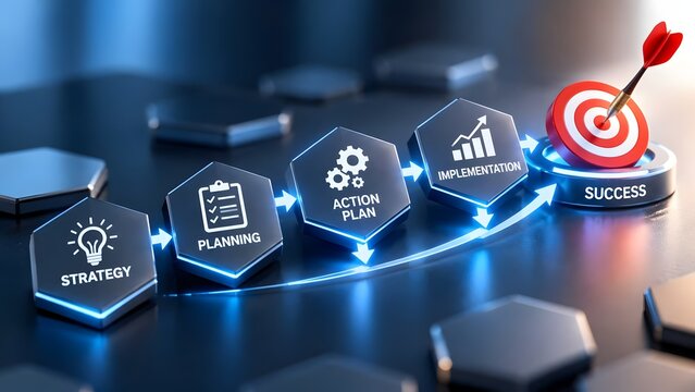 Strategic business planning roadmap showing steps from strategy to successful implementation ending with a dart hitting the bullseye
