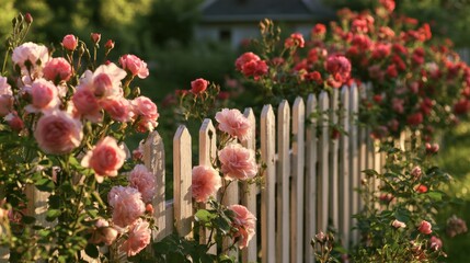 Naklejka premium Climbing roses cover the garden fence with pink and red blooms on a warm summer afternoon in a vibrant garden setting.
