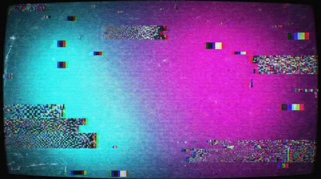 Retro VHS glitch noise and static screen background.