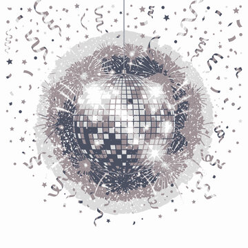 Festive disco ball hanging among colorful fireworks and streamers a vibrant celebration of light and joy