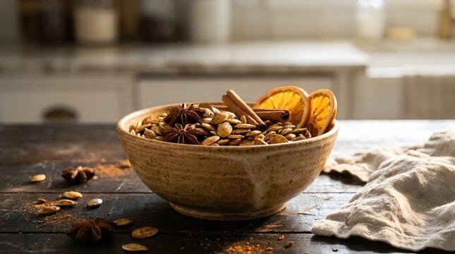 Rustic autumn pumpkin seeds and spice bowl