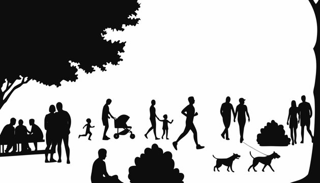 silhouette, vector, park, crowd, family, jogger, dog walker, people, black, white background, outdoor, recreation, walking, running, exercise, leisure, community, group, active lifestyle, nature, tree