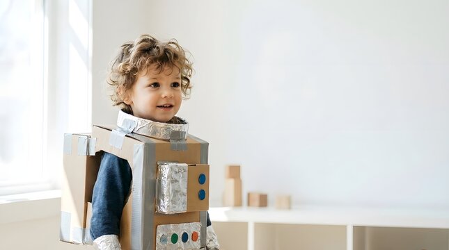 Little Boy Wearing a Creative DIY Cardboard Robot Costume