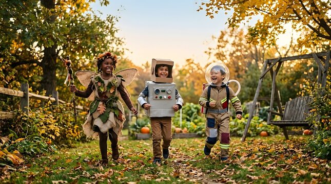 Diverse Kids Playing Outdoors in Autumn Costumes