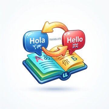3D language learning icon featuring speech bubbles, an open book and translation arrows