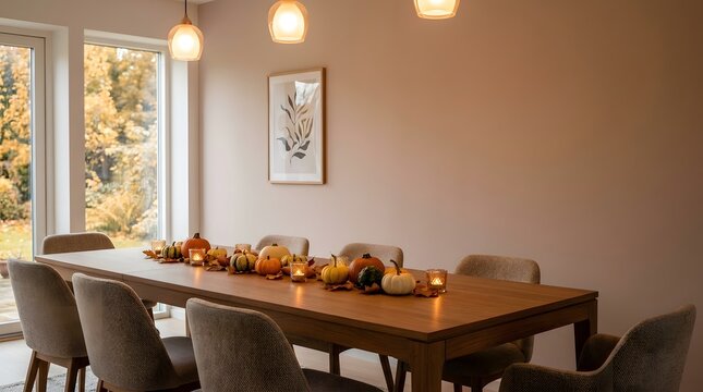Autumnal Dining Table Setting with Candles