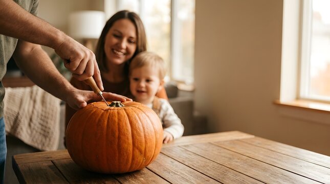 Close Up of Father and Child Carving a Pumpkin