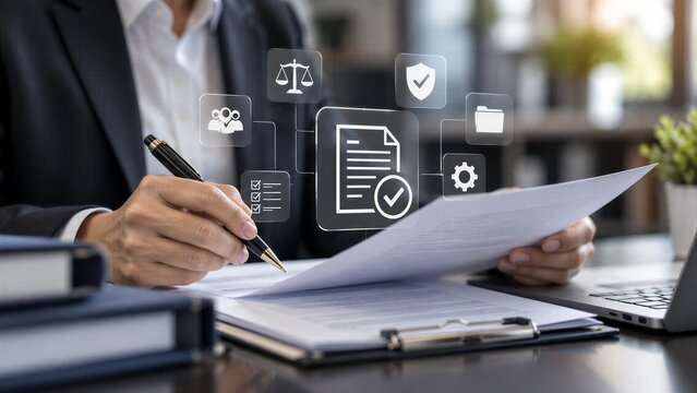 Digital Policy Document Review with Compliance Icons. Professional Managing Governance, Regulation, and Modern Business Documentation Workflow in Office.