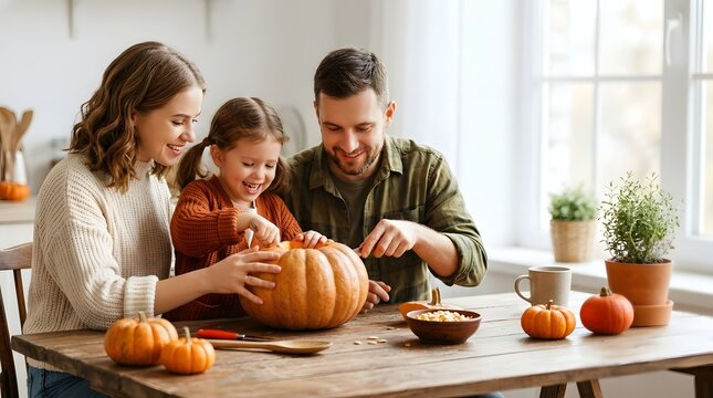 Cheerful Family Carving Pumpkin for Halloween