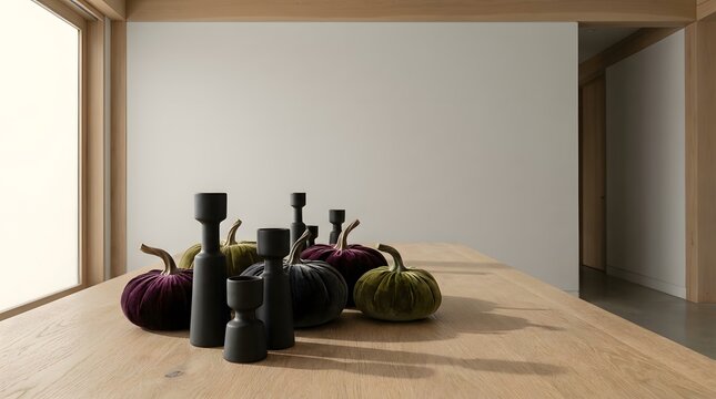 Minimalist Autumn Dining Table Decor with Velvet Pumpkins