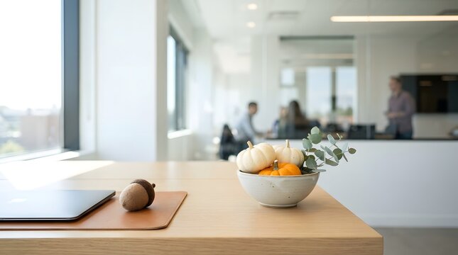 Workplace Desk with Acorn Ornament and Seasonal Pumpkin Bowl