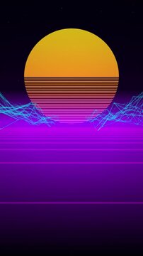 80s synthwave retrowave wireframe grid sunset seamless loop motion