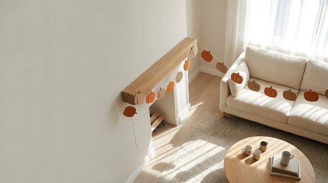 Modern minimalist living room decorated for autumn