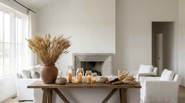 Rustic Autumn Console Table with Wheat and Candles