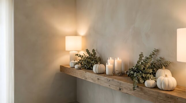 Cozy Autumn Mantelpiece with Candles and Pumpkins