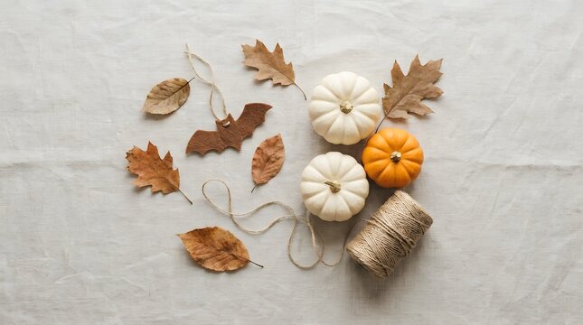 Flat Lay Composition with Autumn Pumpkins and Leaves