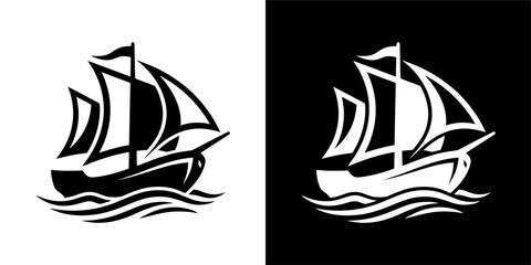 Minimalist black and white vector icons of a sailing ship on waves. © Juuki